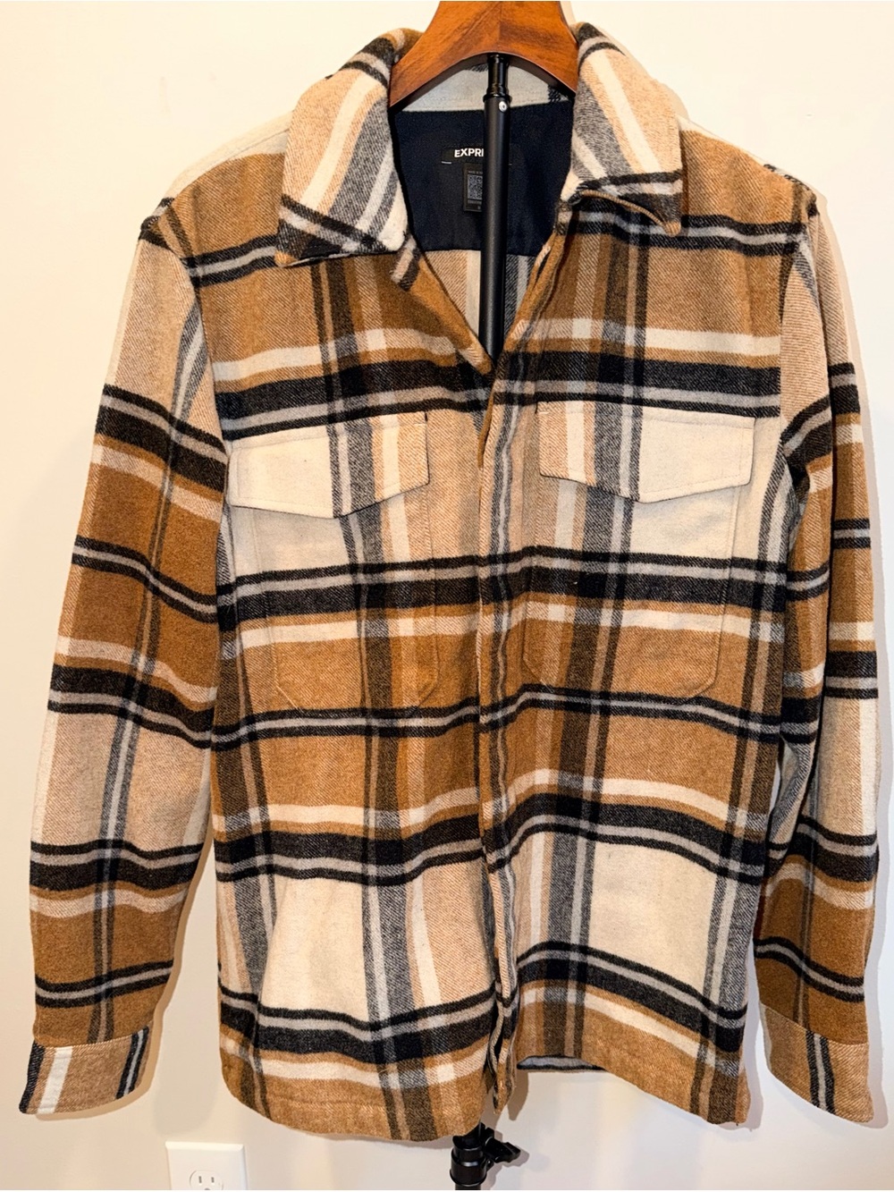 Express Camel Plaid Flannel Shacket Overshirt Jacket